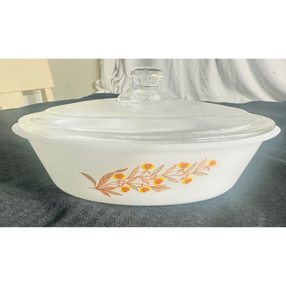 Vintage Glasbake Milk Glass Casserole Dish Lid Orange Floral 70s Cottagecore MCM